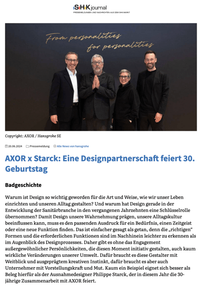 Axor x Starck: a design partnership celebrates its 30th anniversary