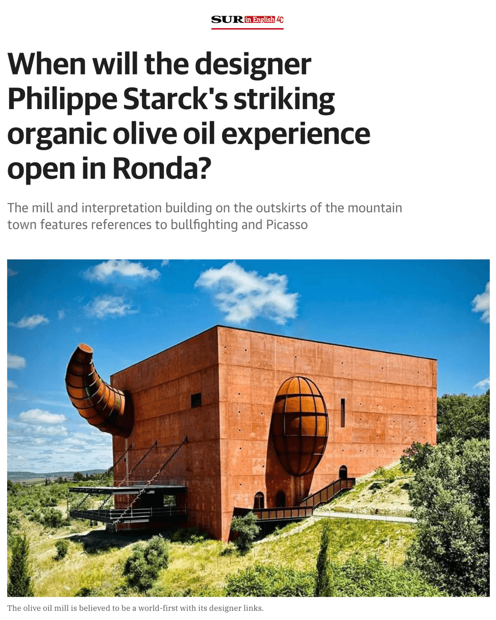 When will the designer Philippe Starck's striking organic olive oil experience open in Ronda?