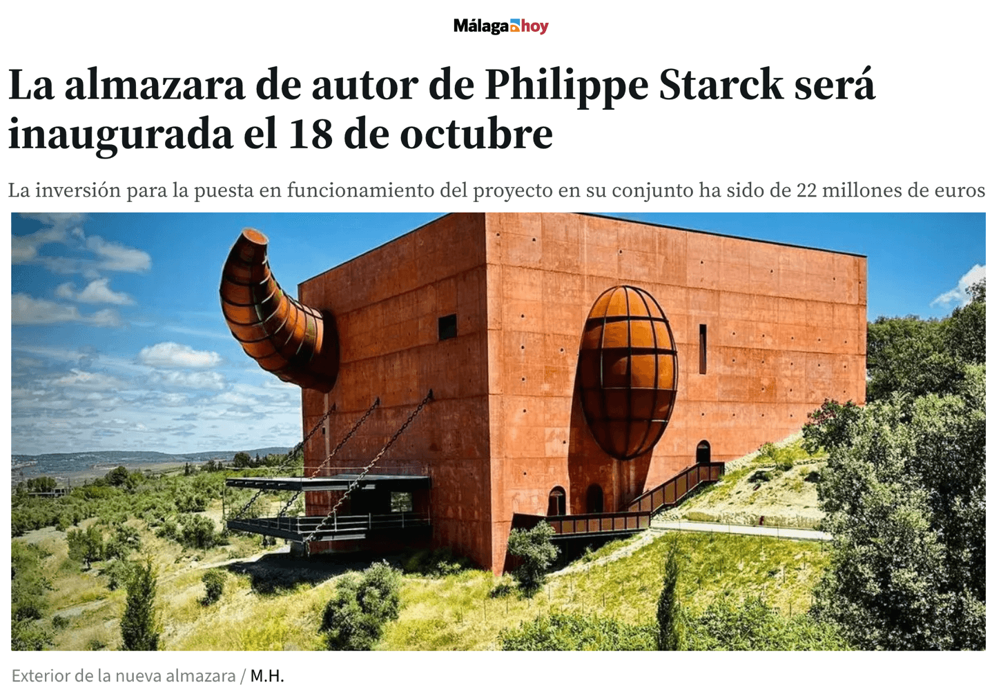 Philippe Starck's LA Almazara to be inaugurated on 18 October